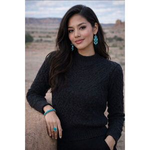 Anthropologie Mable Black Pointelle Knit Sweater Size M Long Sleeve Cropped Boho